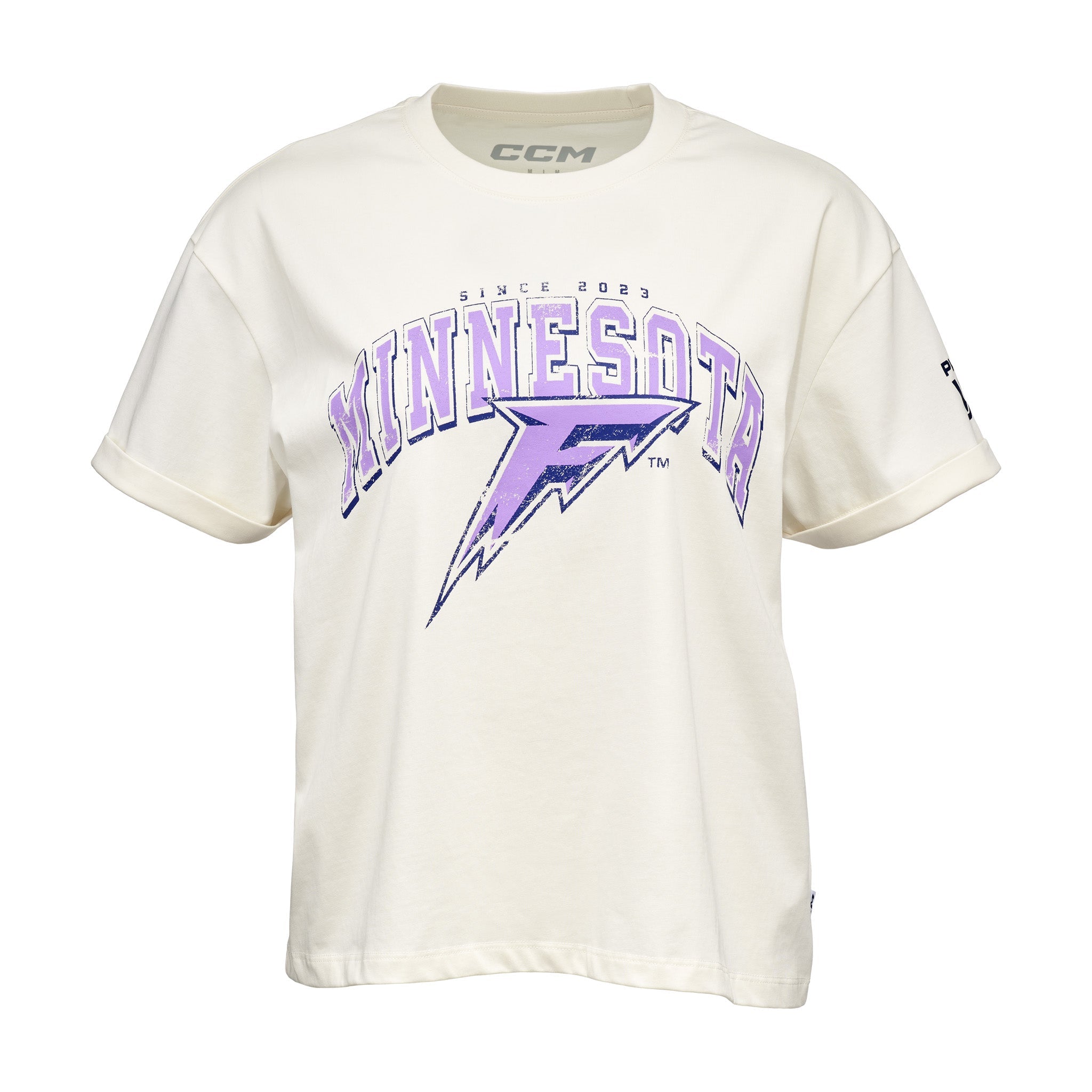 White t-shirt with 'Minnesota' and lightning bolt design on a white background