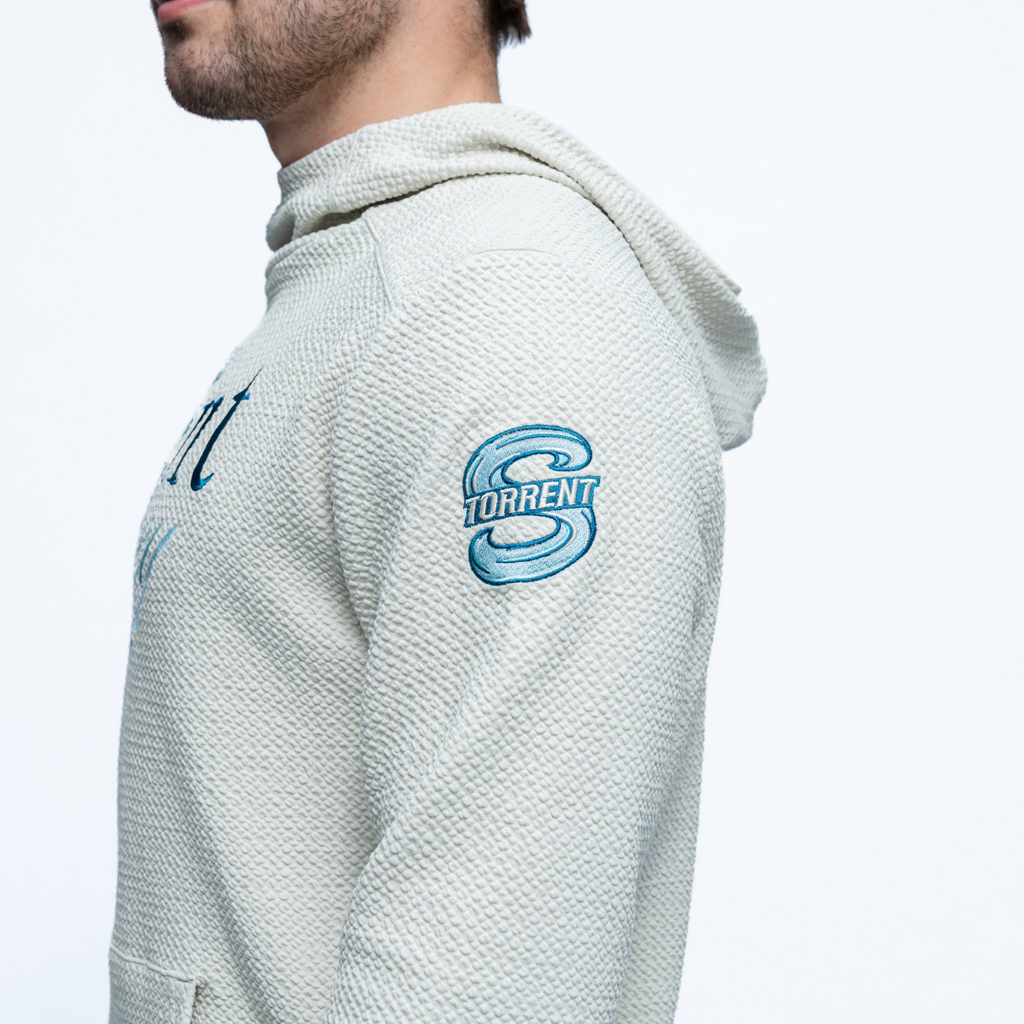 Light gray hoodie with a blue logo on a white background