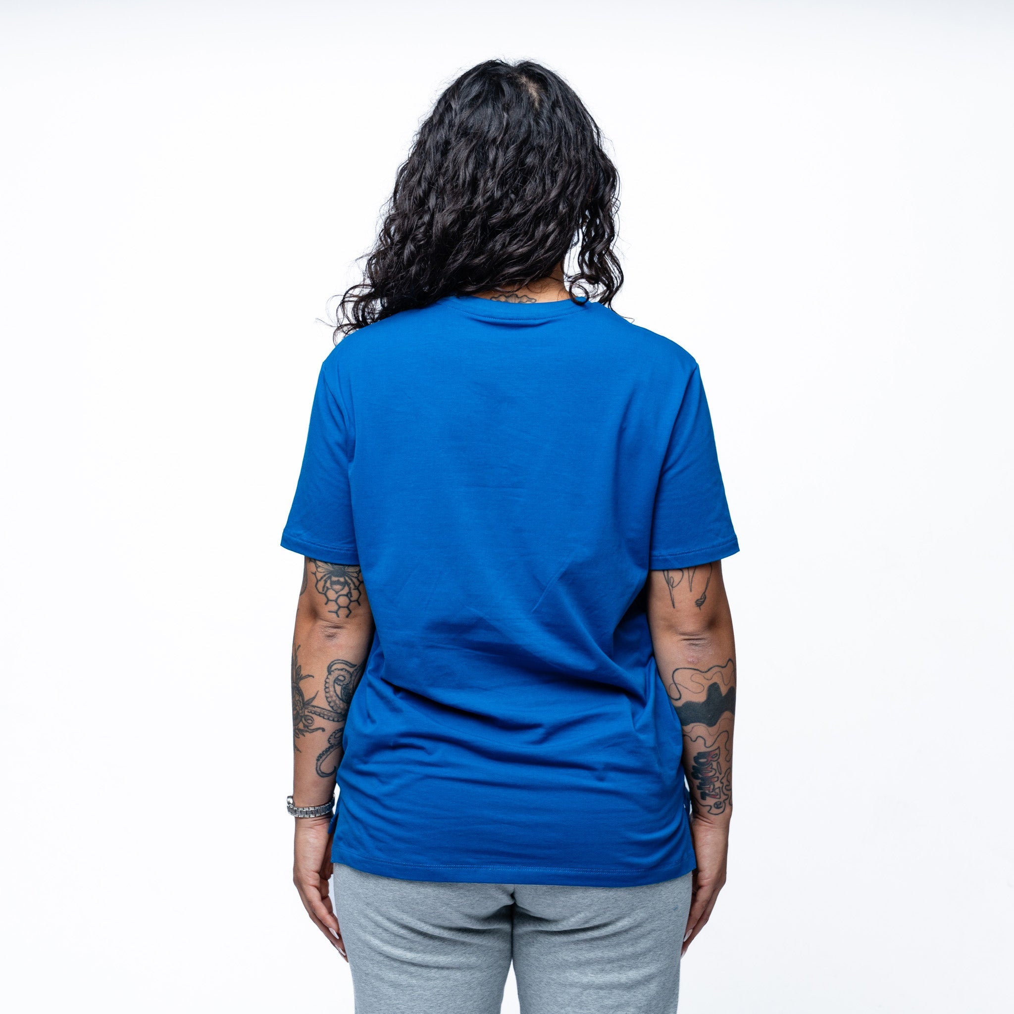 Person wearing Blue Adult Vancouver Goldeneyes Royalty Local Sideline T-Shirt back angle