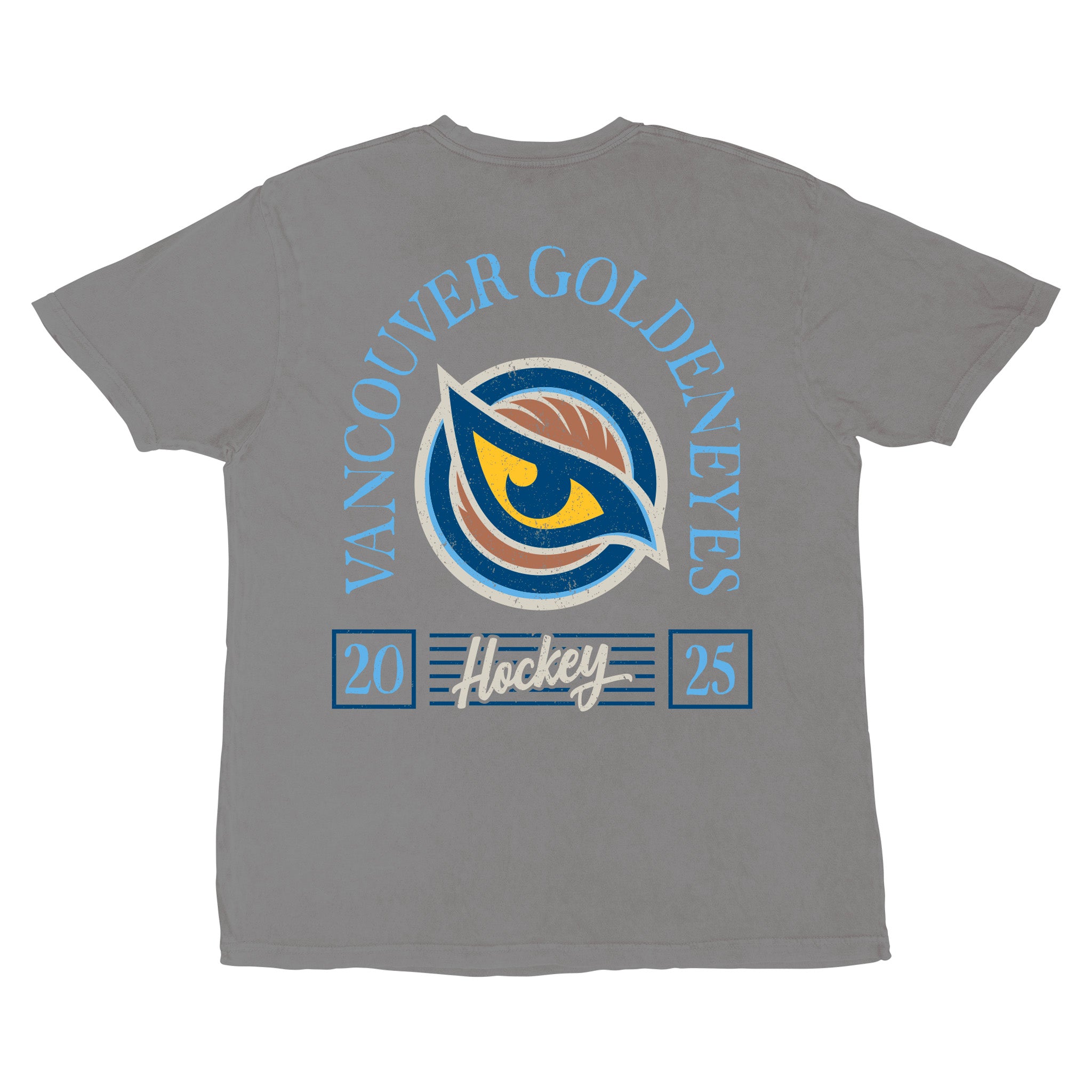 Back of the Adult Vancouver Goldeneyes Stadium Essentials Laylow Vintage T-Shirt