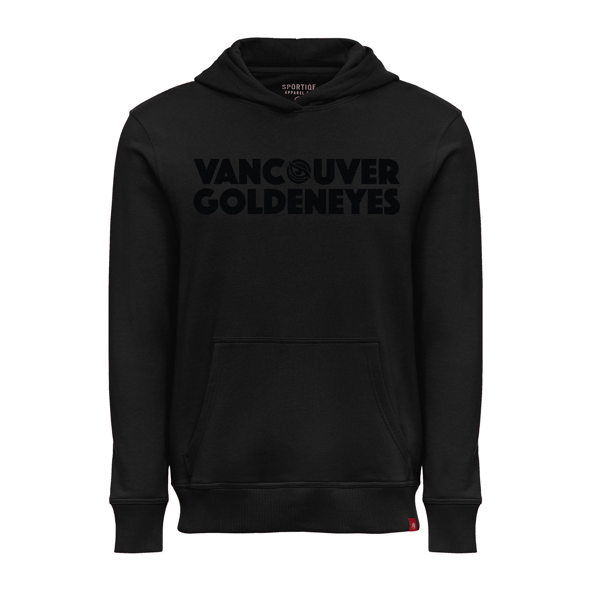 Adult Vancouver Goldeneyes Sportiqe Puff Ink Logo Drake Hoodie in Black with black "Vancouver Goldeneyes" text