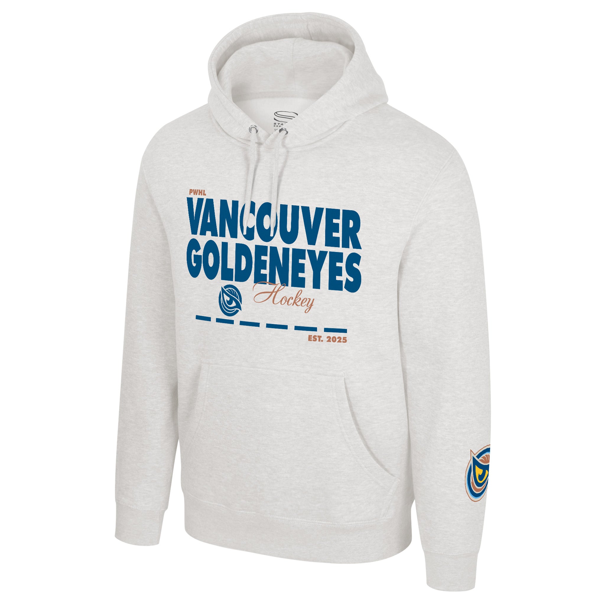 White hoodie with 'Vancouver Goldeneyes Hockey' text and logo on a white background