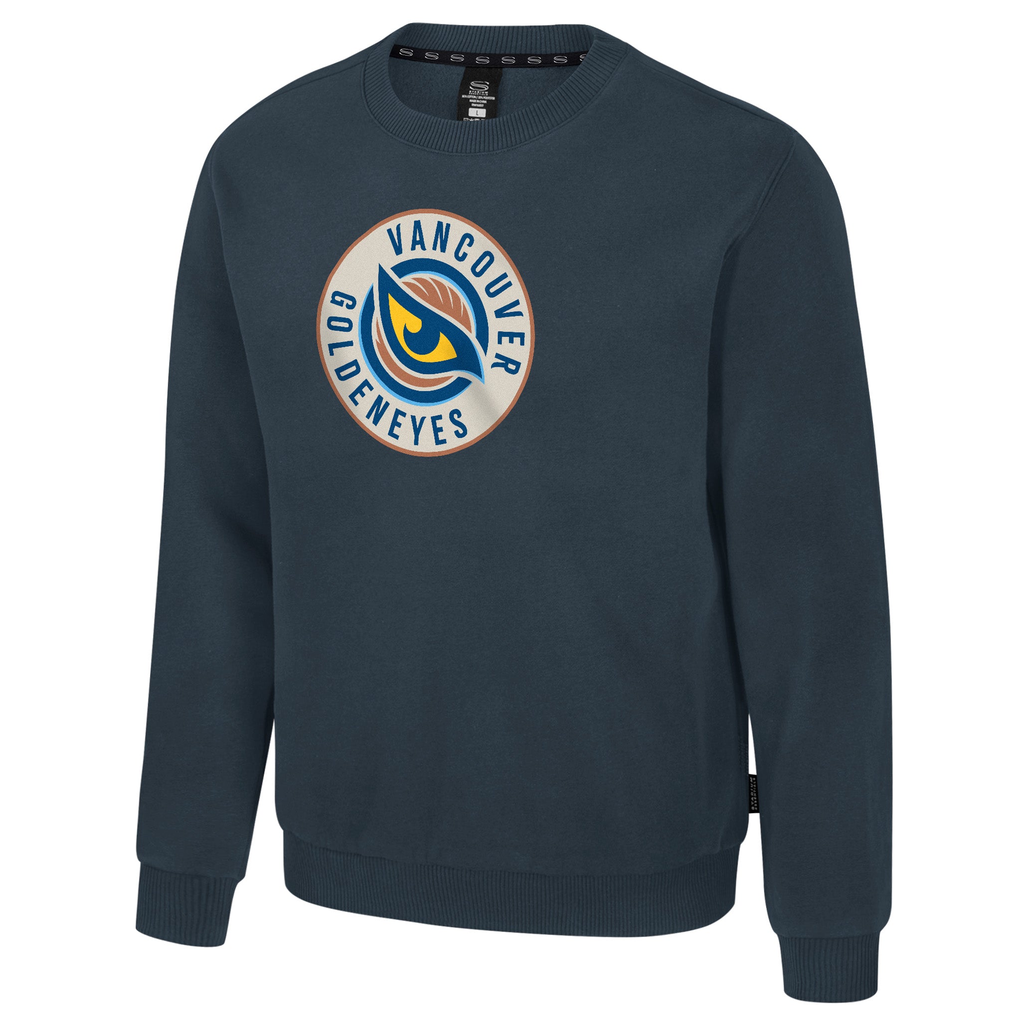 The front of the charcoal Adult Vancouver Goldeneyes Stadium Essentials Club Level Fleece Crewneck Sweater