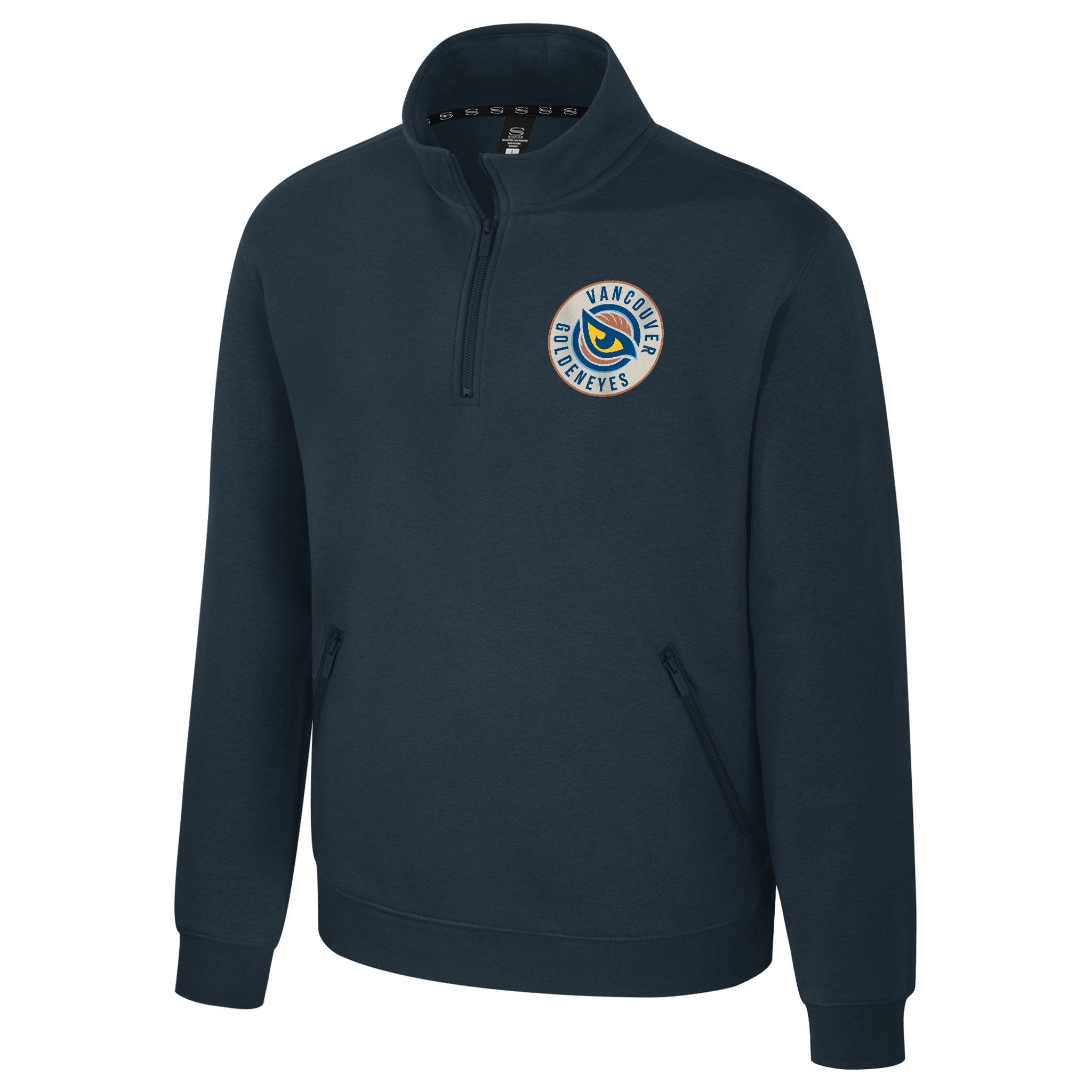 The front of the charcoal Adult Vancouver Goldeneyes Stadium Essentials Trainer 1/4 Zip Fleece with Vancouver Goldeneyes logo on the left chest