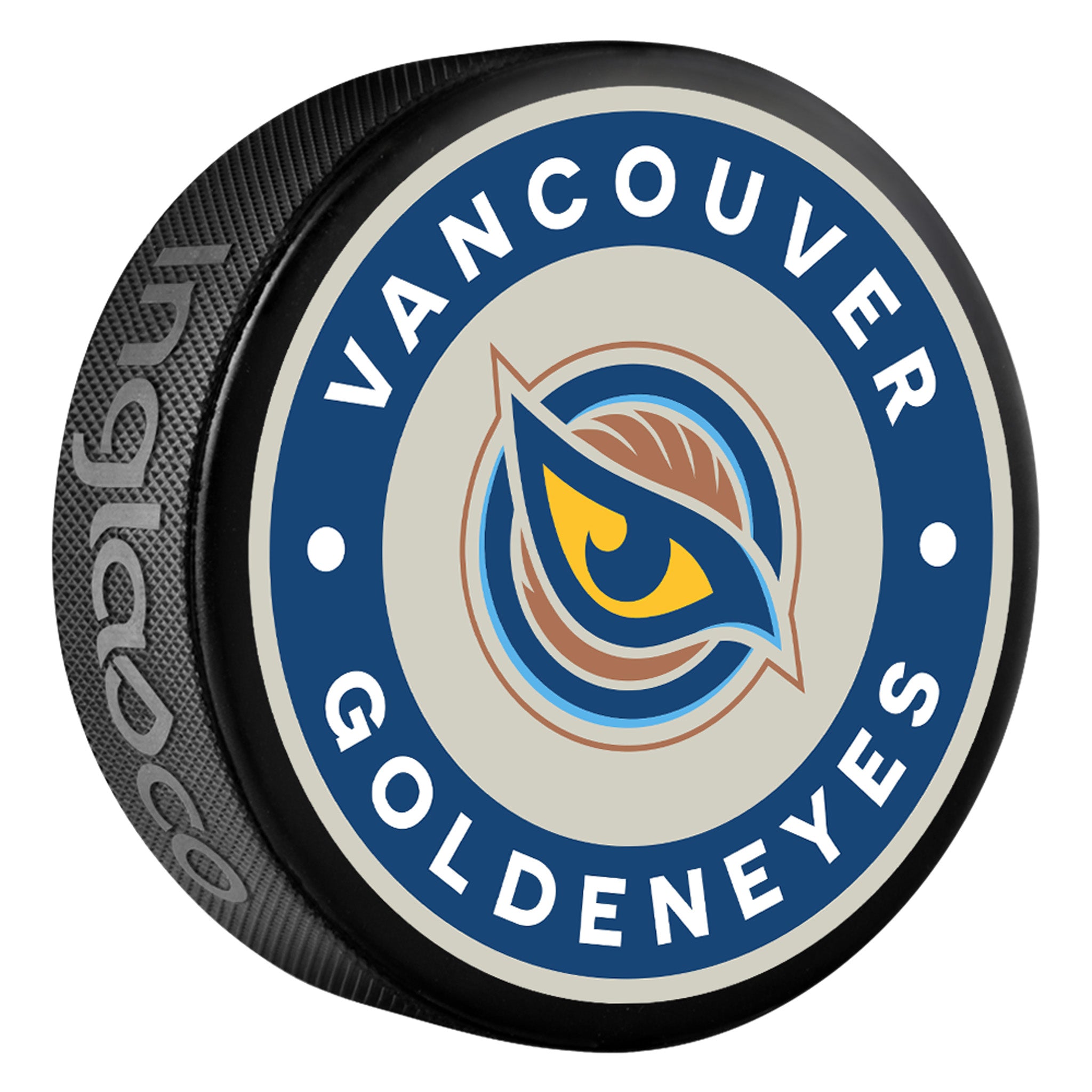 The front of a black Vancouver Goldeneyes Souvenir Puck