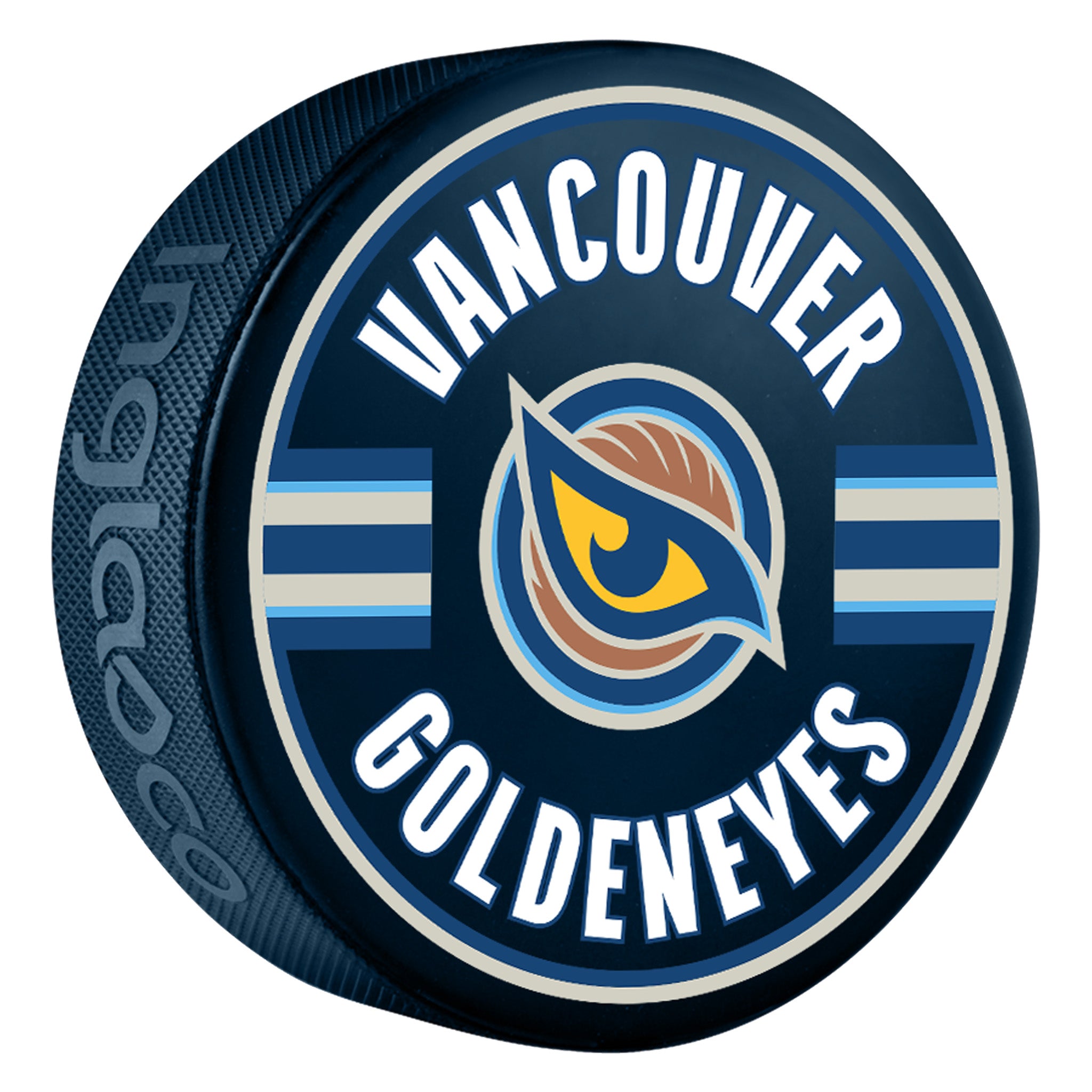 The Front graphic on the navy Vancouver Goldeneyes Colored Puck