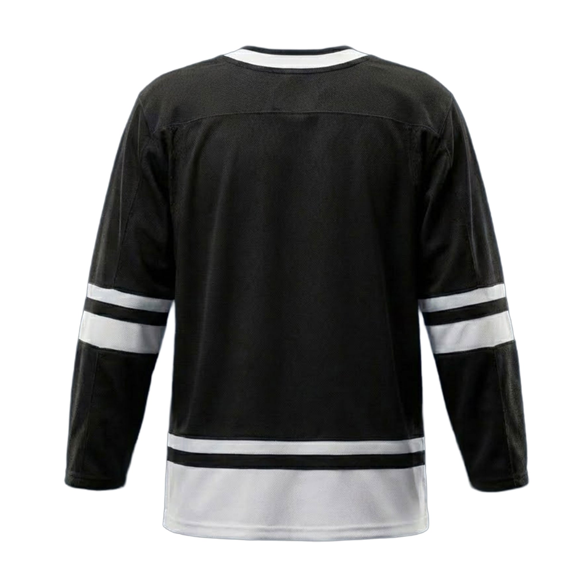Black hockey jersey with white accents on a white background