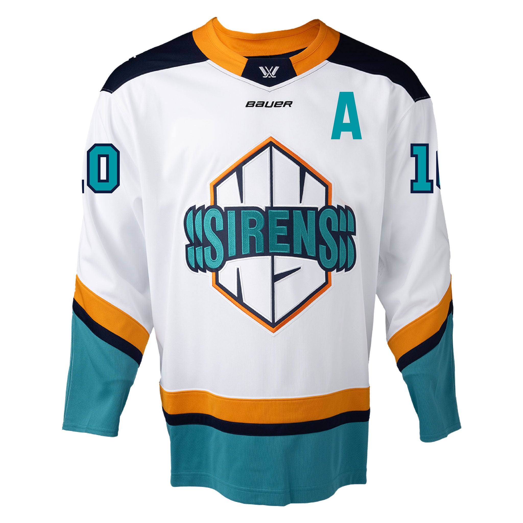 Hockey jersey with 'Sirens' logo and 'Bauer' branding on a white background