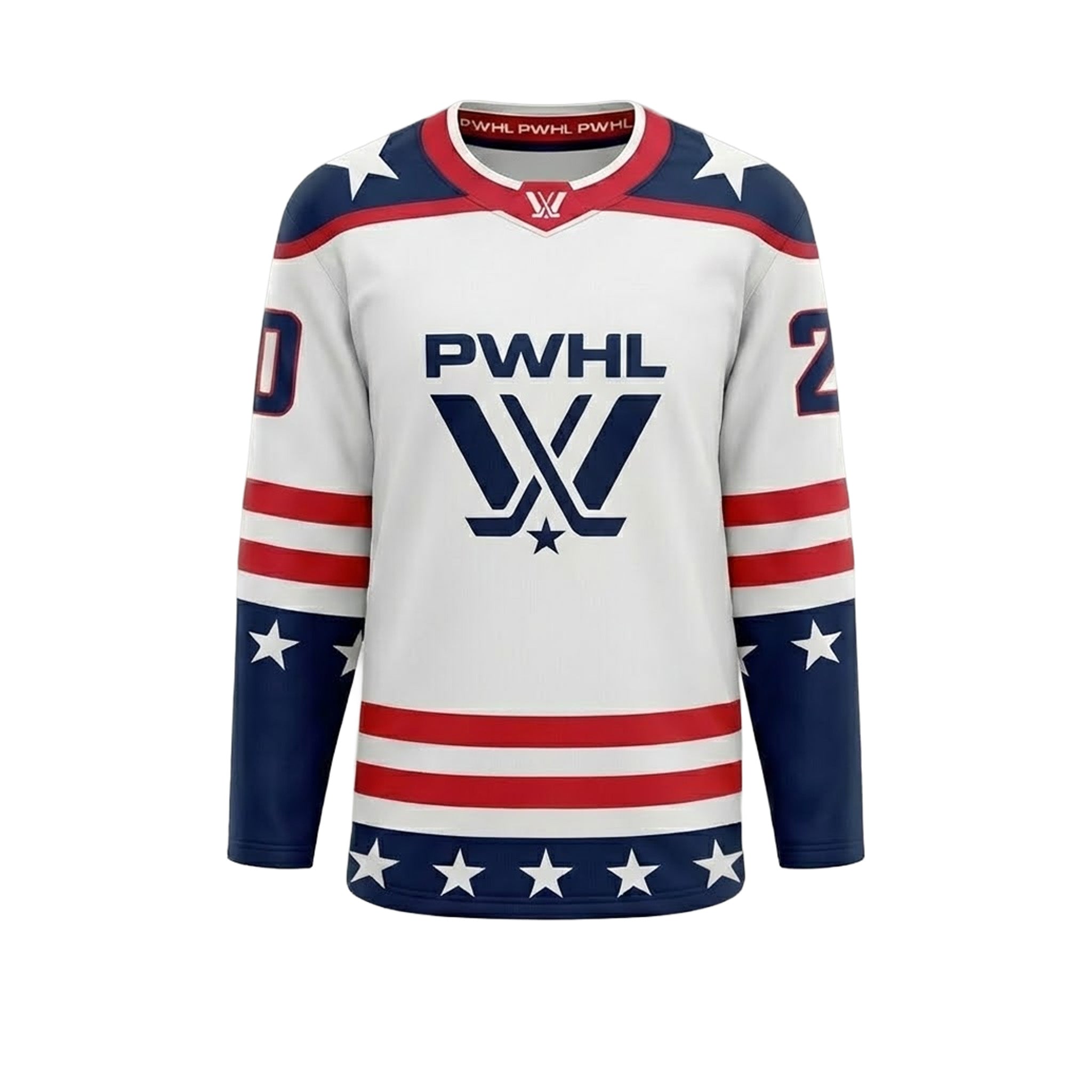White, red and navy hockey jersey with PWHL logo on a white background