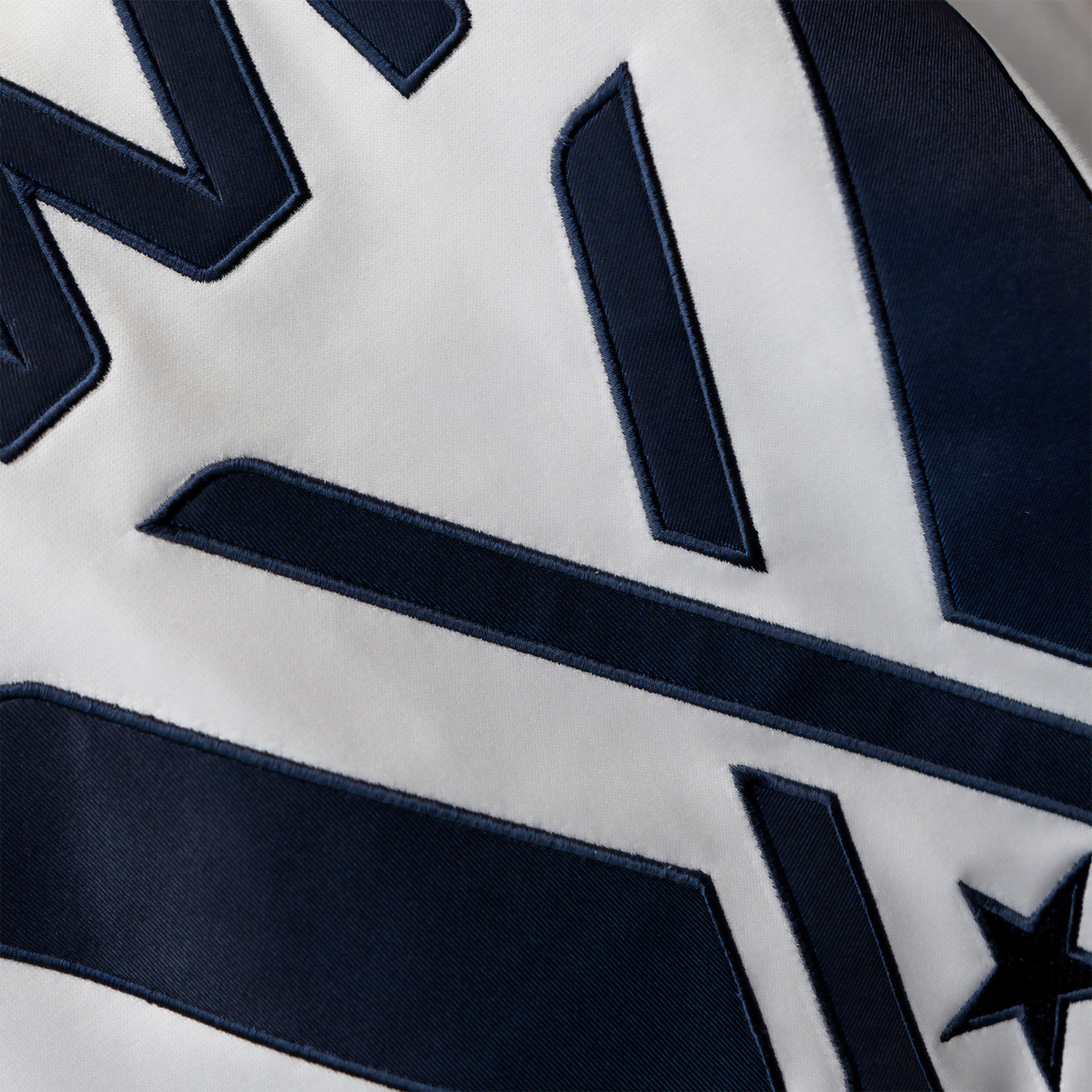 Close-up of the PWHL logo on the white jersey, with navy stitching outside the logo and a navy embroidered star.